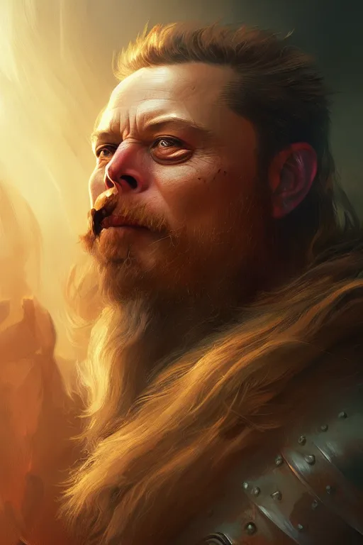 Prompt: elon musk as viking, portrait, skull on the chest, highly detailed, digital painting, artstation, concept art, smooth, sharp focus, illustration, cinematic lighting, art by artgerm and greg rutkowski and alphonse mucha