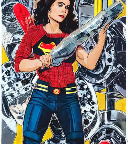 Image similar to portrait of a female inventor holding a wrench, by dc comics and sandra chevrier