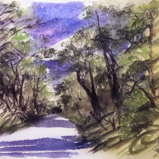 Prompt: sketch, landscape road in the forest to the village, watercolor