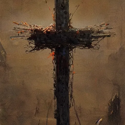 Prompt: cross made of rusty nails!!!!!!!!!!, art by ruan jia and wlop and greg rutkowski, masterpiece, highly detailed, hd