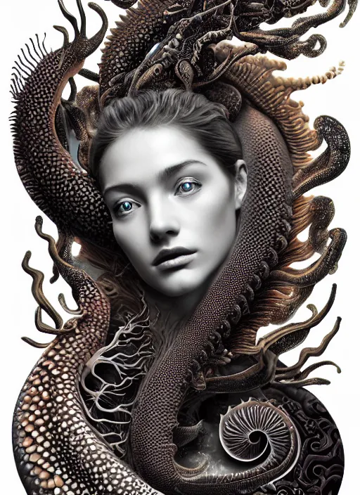 Prompt: ridiculously beautiful young womans face in dark color, layers of intricate swirling dimensions, coral, sea dragons, scales, tropical fish, symmetrical, in the style of ernst haeckel, effervescent bubbles, sacred geometry, surrealism, photo realistic, epic and cinematic, 3 d, clear, sharp,