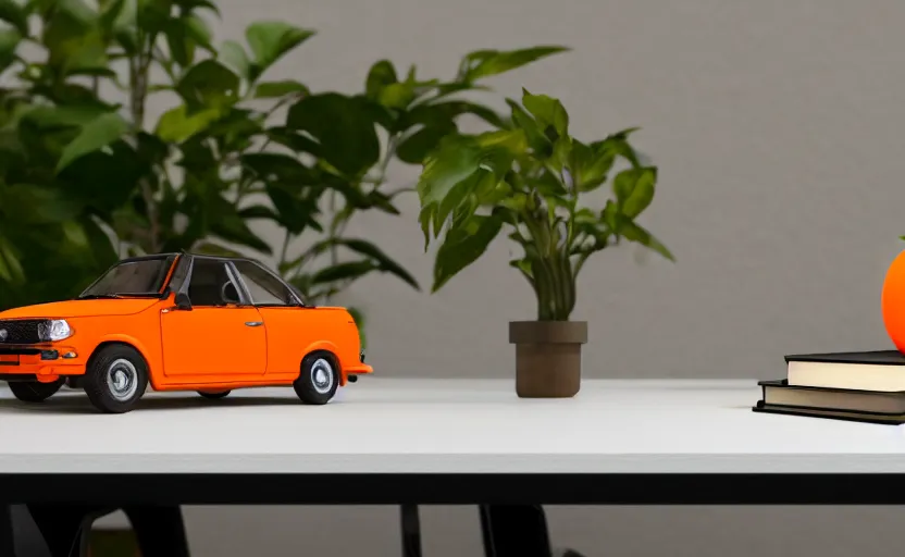 Image similar to a small miniature of a orange Toyota TE27 on a white table near a book and a vase with a plant, hyperrealistic, concept art, octane render, unreal engine 5, path tracing, complementary colors, calm, relaxing, serene, product photo, centered, symmetrical