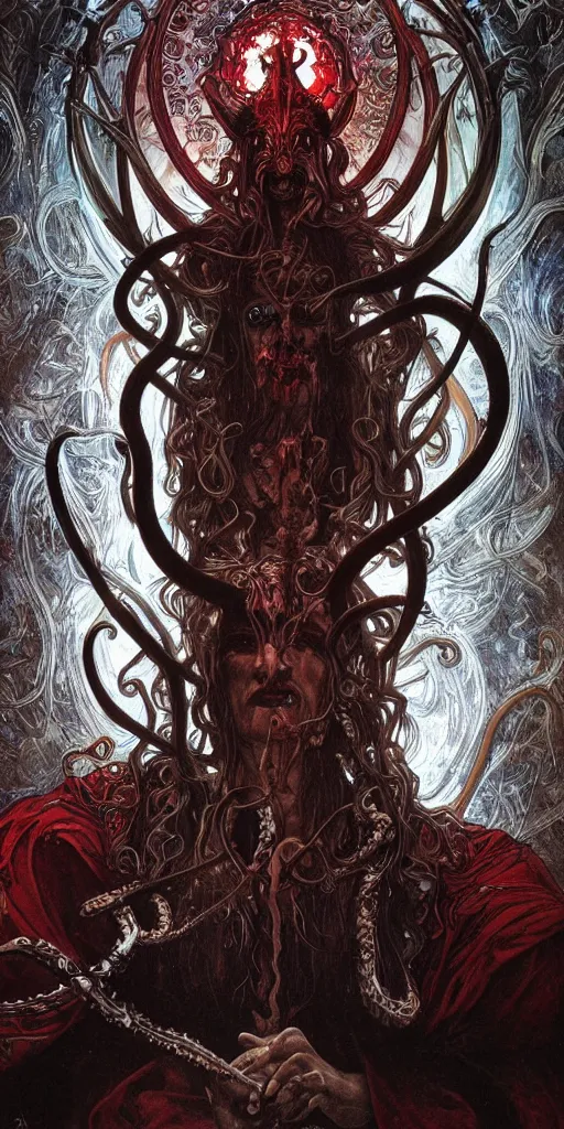 Image similar to intense glowing angry pagan god with tentacles and horns and intense pure black eyes and a blood skull in very dark chrome metal cathedral by karol bak and alphonse mucha and beksinski, portrait, fantasy, clear, light beams, lens flare, intense, uhd, amazing depth, cinematic lighting, shining chrome and black and red