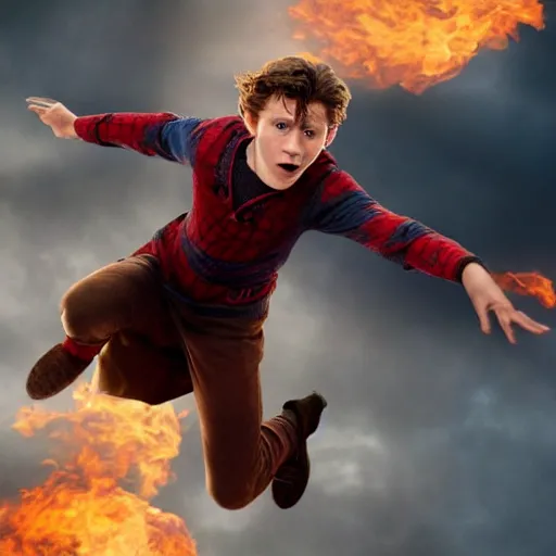 Prompt: tom holland as harry potter flying on dragon, close up, photo