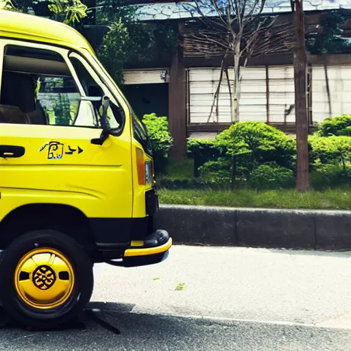 Prompt: yellow japanese kei truck van drifting