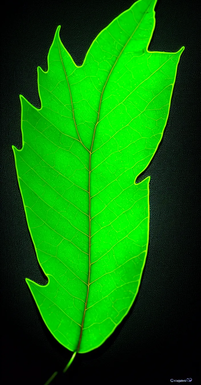 Image similar to realistic photo of a one big neon colored glowing leaf in dark background, very sharp focus, in the style of greg rutswoski, very hyper realistic, highly detailed, fantasy art station