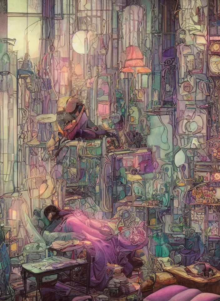 Image similar to telephoto 7 0 mm f / 2. 8 iso 2 0 0 photograph depicting the feeling of chrysalism in a cosy safe cluttered french sci - fi ( ( art nouveau ) ) cyberpunk apartment in a pastel dreamstate art cinema style. ( person relaxing living room ) ( ( fish tank ) ), ambient light.