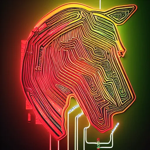 Image similar to digital horse, artificial being, glowing circuitboard patterns, retrowave palette, highly detailed, anatomically correct equine, synth feel, digital art