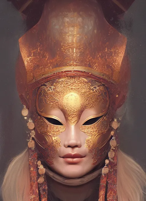 Image similar to a beautiful detailed oil on copper art illustration of a japanese shityome mask woman, the mask is broken, centered, by charlie bowater, zeng fanzh, trending on artstation, dim dusk lighting, cinematic lighting, detailed lighting, volumetric lighting, realistic, f 8, 4 k hd wallpaper