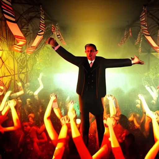 Image similar to a detailed picture of adolf hitler dancing at a rave, edm fans, neon lights, dance club rave, volumetric lighting, greg rutkowski and alphonse mucha, 8 k, octane render