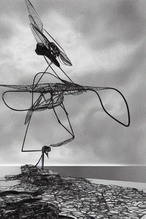 Prompt: a yves tanguy and oskar kokoschka 3 d render of a giant robotic dragonfly on a tiny island, 1 9 9 5 render