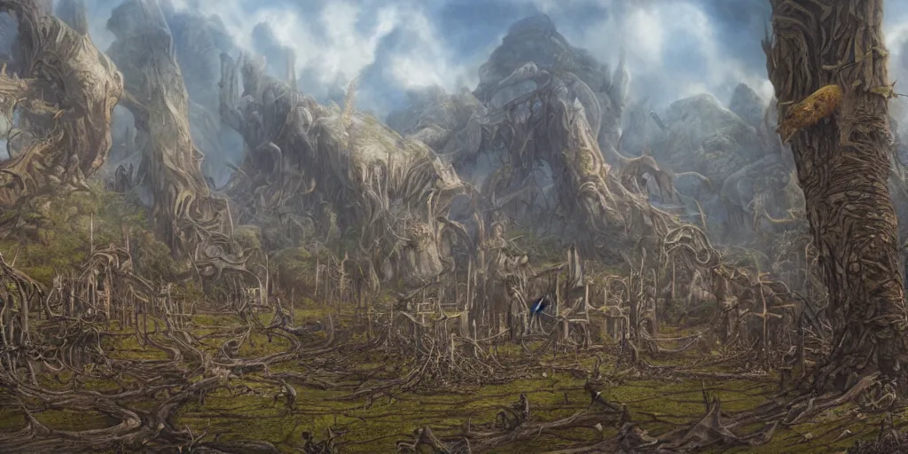 Image similar to Artwork by John Howe of the cinematic view of Hunting Grounds of the Unspeakable