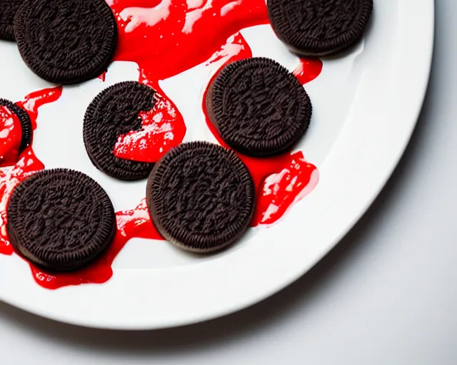 Prompt: dlsr food photograph of an oreo dipped in ketchup, on a white platebokeh, 5 0 mm f 1. 4