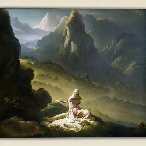 Prompt: ethereal god in a misty mountain valley, baroque painting