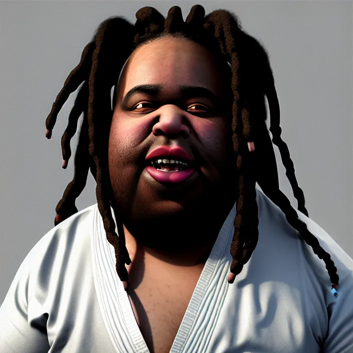 Image similar to hyperrealistic mixed media portrait of a moridly obese black man with dreads wearing a gi, doing martial arts, 8k octane beautifully detailed render, post-processing, extremely hyperdetailed, trending on artstation