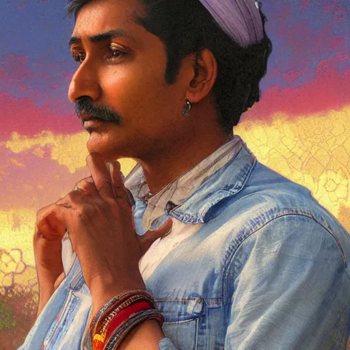 Image similar to close up a beautiful Indian doctor wearing jeans and a shirt in Texas in 2022, sun shining, photo realistic illustration by greg rutkowski, thomas kindkade, alphonse mucha, loish, norman rockwell.