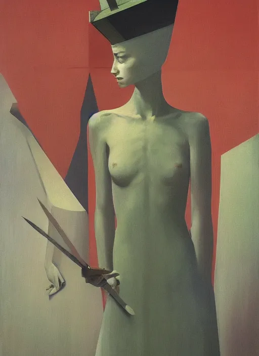 Image similar to women in paper bag over the head and a sward at high fashion podium restaurant Edward Hopper and James Gilleard, Zdzislaw Beksinski, highly detailed