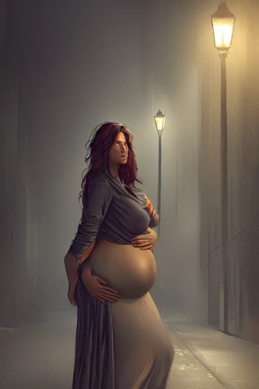 Image similar to pregnant woman under street light, highly detailed, sharp focused, ultra realistic digital concept art by gre