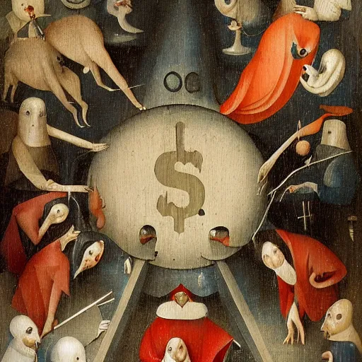 Image similar to anthropomorphic animals worshipping a giant dollar sign, prostration, fear, devotion, by hieronymus bosch, ultra detailed, highly detailed, 8 k, trending on artstation, award - winning art,