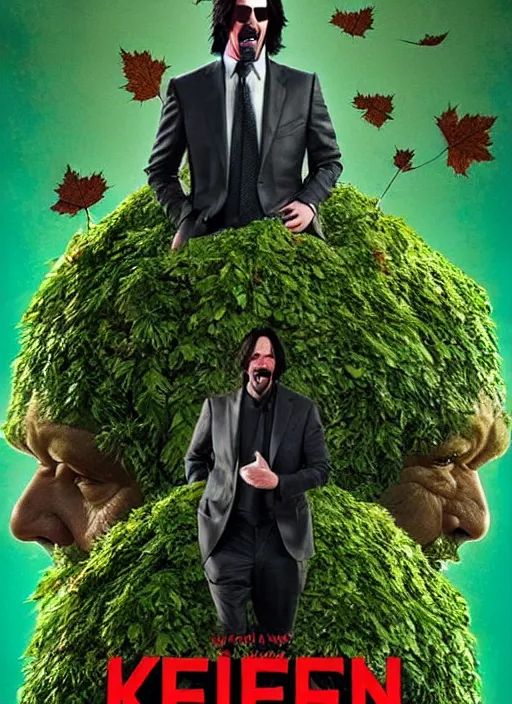 Image similar to highly detailed comedy caper movie poster with silly wacky zany keanu reeves as a sentient pile of leaves, keanu reeves green face as a sentient leafy bush by greg rutkowski, masterpiece, really funny, 1 0 / 1 0 comedy