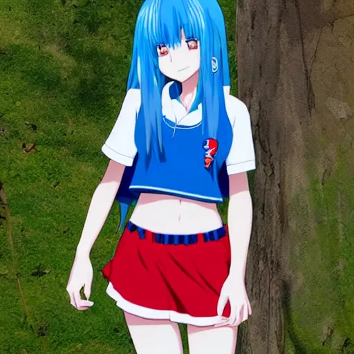 Image similar to anime girl with fark blue hair with a red streak, she is smiling, confident, wearing a school uniform, you can see her belly the top has anime demon eyes, she wear sneakers and she is holding a giant iron red half scissor