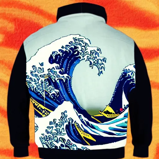 Image similar to Dwayne Johnson wearing a The Great Wave off Kanagawa jacket