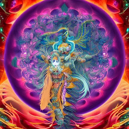Image similar to 3 d goddess frontal view full body, astral projection, with ram golden skull. beautiful intricately detailed japanese fractal kitsune mask and clasical japanese kimono. betta fish, jellyfish fractal, bio luminescent, plasma, ice, water, wind, creature, mandelbulb, fractal, artwork by tooth wu and wlop and beeple and greg rutkowski