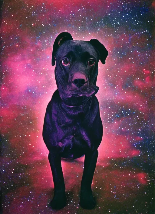 Image similar to a lumpy dog, body like a cloud, black, mutt, pitt, lab, short, fat, photorealistic leica s photograph, in outer space, kodachrome, psychedelic, platon