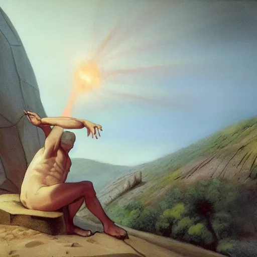 Image similar to Sisyphus taking a break, fantasy art