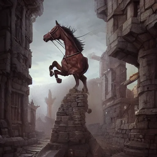 Image similar to a chess piece comes alive, the horse jumps over the ancient tower piece in the wooden chessboard, fantasy art, in the style of greg rutkowski, illustration, epic, fantasy, cinematic, intricate, hyper detailed, artstation, concept art, smooth, sharp focus, ray tracing