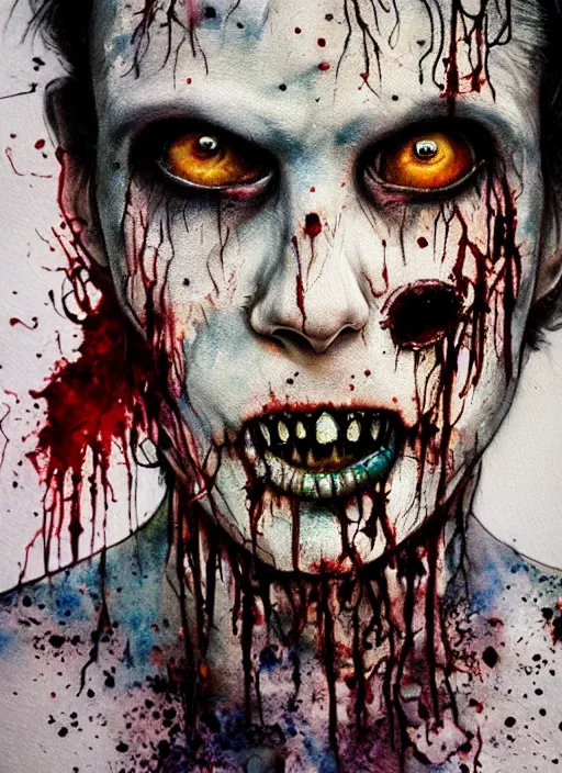 Image similar to zombie hollywood artwork professional acting headshot, hyperrealism, intricate detail, studio lighting, charming expression gesicht, hauntingly beautiful zombie, watercolor art, epic, legendary, drawn and painted, colored layers, dulled contrast, exquisite fine art, splatterpaint