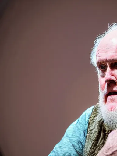 Image similar to a photograph of John Lithgow as Prospero holding a staff from the stage production of The Tempest taken with Nikon D3500, highly detailed