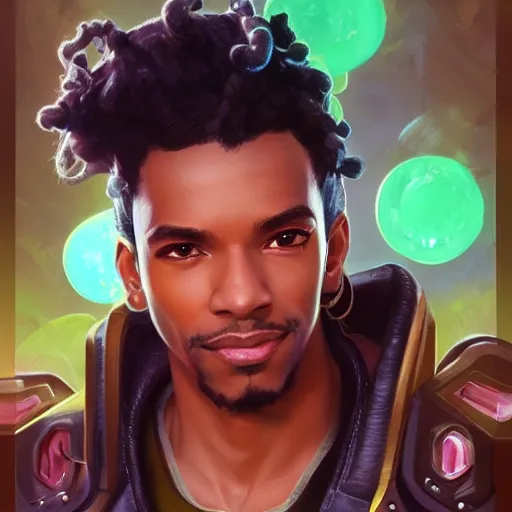 Image similar to closeup portrait of lucio from overwatch, d & d, fantasy, intricate, elegant, highly detailed, digital painting, artstation, concept art, matte, sharp focus, illustration, hearthstone, art by artgerm and greg rutkowski and alphonse mucha