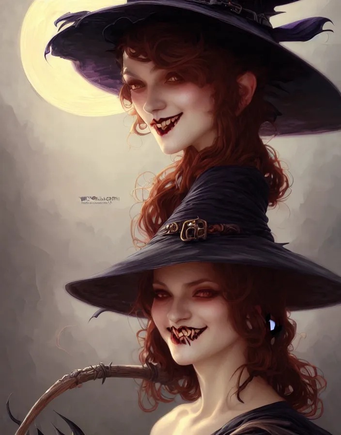 Image similar to halloween witch woman in a hat smiles, fantasy magic, undercut hairstyle, dark light night, intricate, elegant, sharp focus, illustration, highly detailed, digital painting, concept art, matte, art by wlop and artgerm and greg rutkowski and alphonse mucha, masterpiece