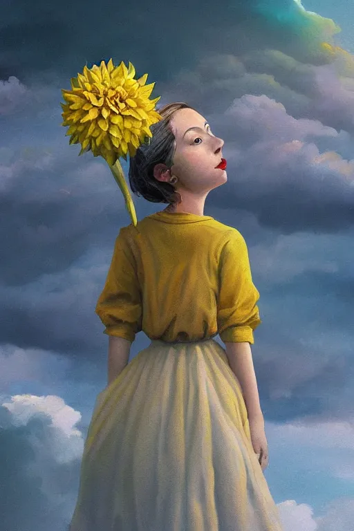 Prompt: closeup girl with huge yellow dahlia flower face, intricate, standing on mountain, surreal photography, blue storm clouds, dramatic light, impressionist painting, digital painting, artstation, simon stalenhag