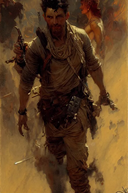 Image similar to attractive male, post - apocalyptic, painting by gaston bussiere, craig mullins, j. c. leyendecker