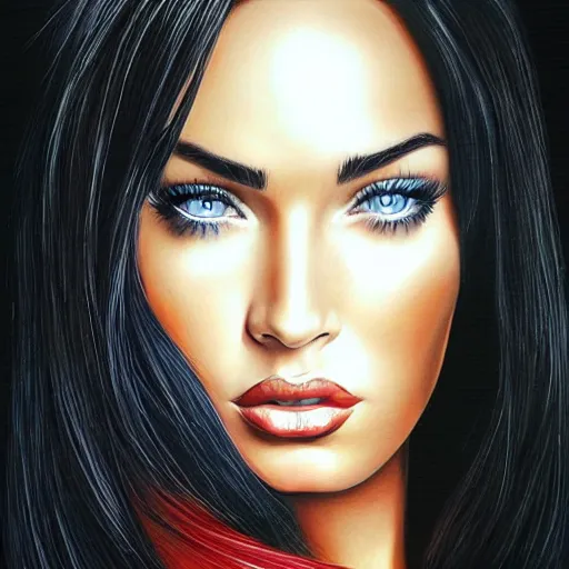 Image similar to “Megan Fox airbrush paintings, ultra detailed portrait, 4k resolution”