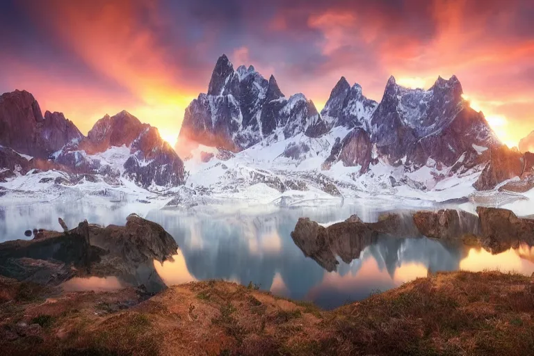 Image similar to amazing landscape photo of mountains with lake in sunset by marc adamus dramatic lighting, Gediminas Pranckevicius