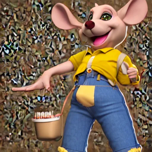 Image similar to 3 d render, portrait, upper body shot, mid shot, anthropomorphic mouse, female, blond furr, blue eyes, wearing denim short shorts and a off yellow tank top shirt, solo, in the style of the great mouse detective