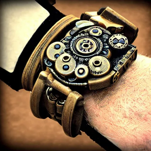 Image similar to A steampunk wristband that launches out a grapple using steam canisters, epic fantasy art style HD