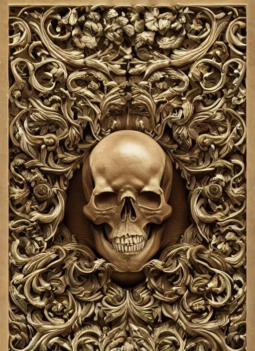 Image similar to hyper realistic photography of intricate renaissance skull ornament relief leaves, cinematic, symmetric detailed, artstation, cgsociety