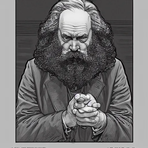 Image similar to Karl Marx pondering his orb, highly detailed, digital painting, artstation, concept art, smooth, sharp focus, illustration, art by todd lockwood and magalie villeneuve and alan lee and artgerm and greg rutkowski and alphonse mucha