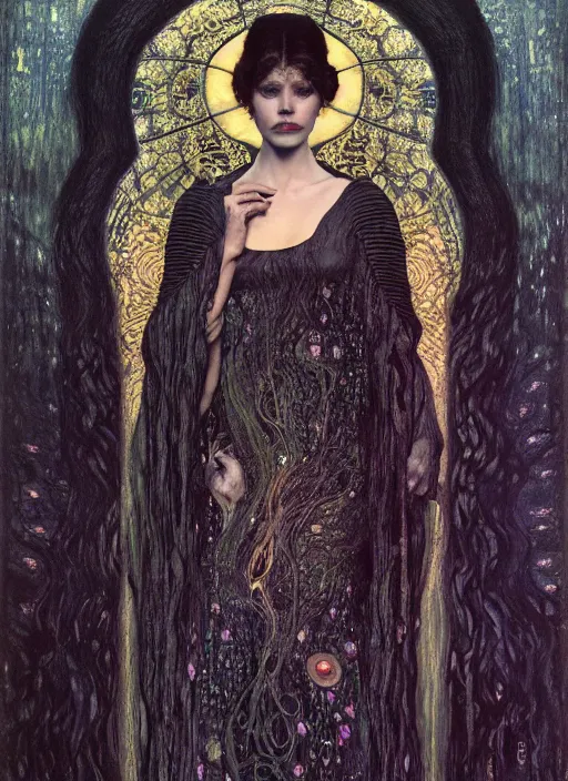 Prompt: masterpiece portrait of an beautiful dark witchy girl with gothic elegant robe, details by gustav klimt, surrounded by flowing liquid occult swirls, majestic, dramatic lighting, h. r. giger, beksinski, alphonse mucha, artgerm, donato giancola, tom bagshaw, trending on cgsociety, octane render, 8 k