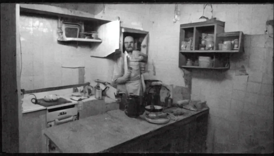 Prompt: a glowing man sitting in a stalinist style kitchen, by mini dv camera, very very low quality, heavy grain, very blurry, accidental flash, webcam footage, found footage, security cam, caught on trail cam
