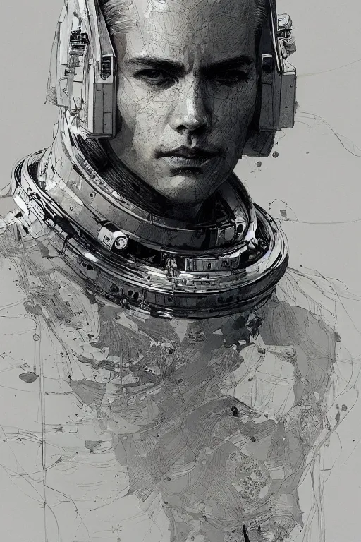 Image similar to portrait of a futuristic and stylish astronaut, pen and ink, intricate line drawings, by craig mullins, ruan jia, kentaro miura, greg rutkowski