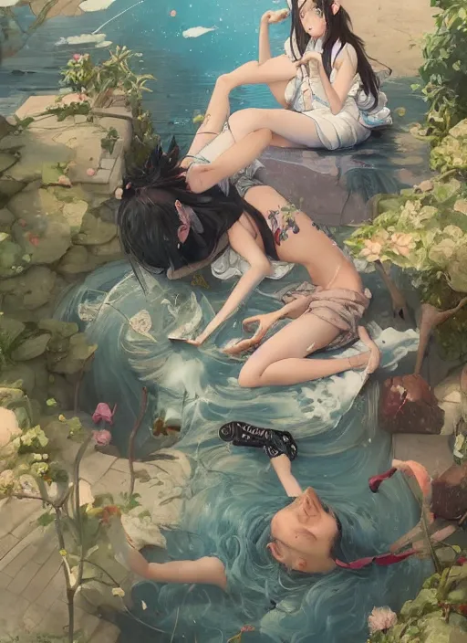 Image similar to beautiful fantasy anime painting scene of summer chill day, by Kenne Gregoire, James Jean, Tran Nguyen, WLOP, Jakub Rebelka. trending on Artstation, 8k, masterpiece, chill summer, graffiti paint, fine detail, full of color, intricate detail, golden ratio illustration