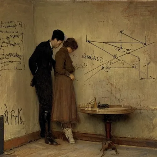 Image similar to a young man and a young woman solving an escape room puzzle, mysterious markings on the wall, by alfred stevens