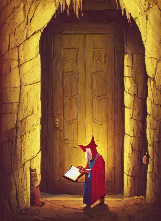 Image similar to an old wizard in robes holding a book standing in front of an elaborate ancient wooden door, beautiful colourful fantasy rendering, William Stout, Simon Stälenhag, ilm, beeple, N.C. Wyeth