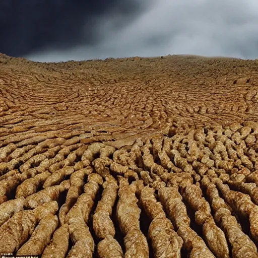 Prompt: a dreamlike landscape where all the hills are made of chicken skin and they have those little bumps and look kind of damp