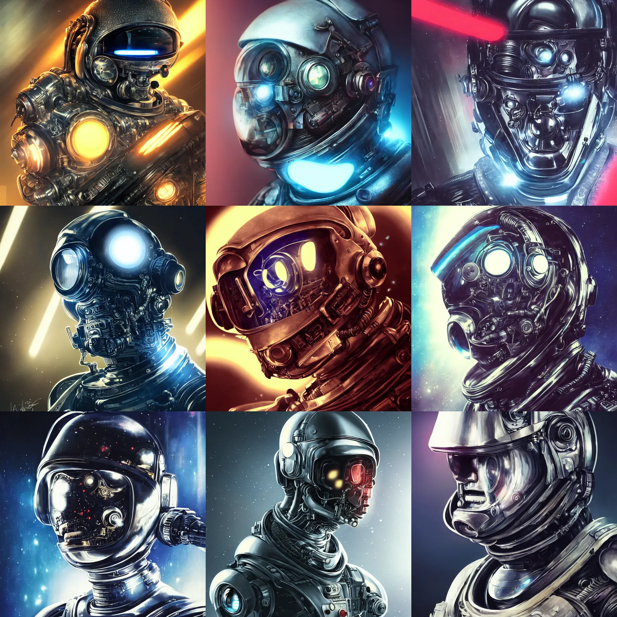 Image similar to portrait art of 8k ultra realistic retro futuristic terminator astronaut helmet, lens flare, atmosphere, glow, detailed,intricate,blade runner, cybernetic, full of colour, cinematic lighting, trending on artstation, 4k, hyperrealistic, focused, extreme details,unreal engine 5, cinematic, masterpiece, art by ayami kojima, giger